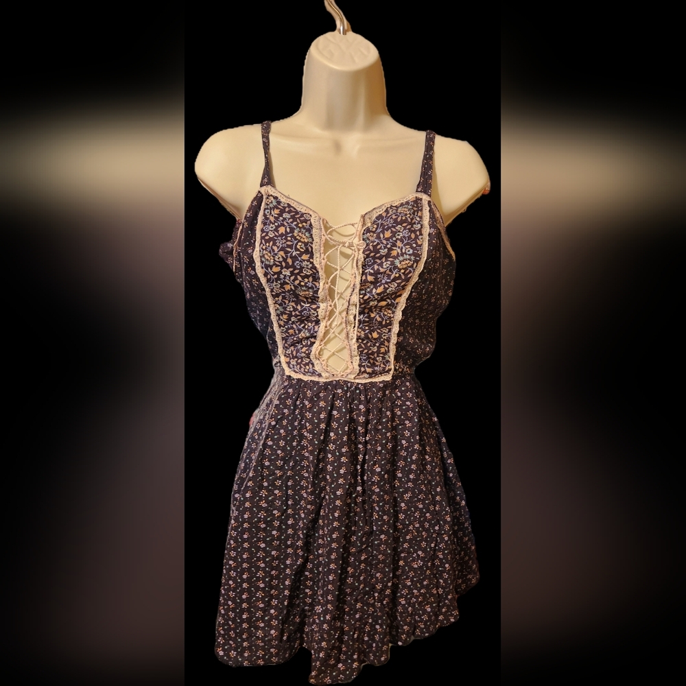 Lace Up Floral Cottage Core Mini Dress - Size Sm/m